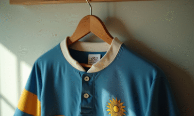 Maillot de rugby argentin vintage sur cintre en bois