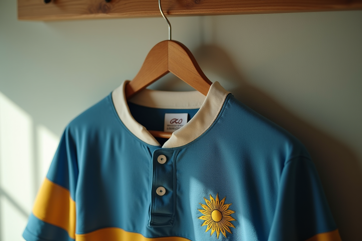 Maillot de rugby argentin vintage sur cintre en bois