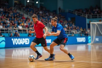 Deux joueurs de handball en pleine action lors d'un match officiel dans une salle de sport intérieure