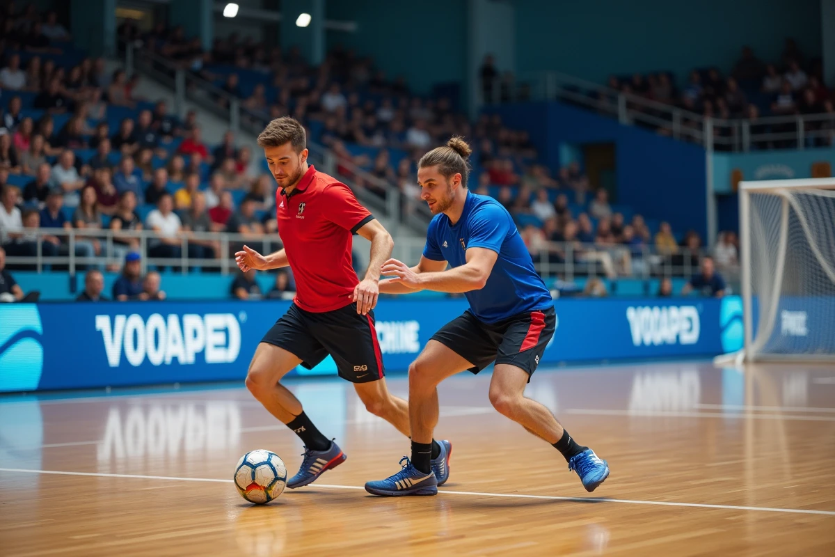 Deux joueurs de handball en pleine action lors d'un match officiel dans une salle de sport intérieure