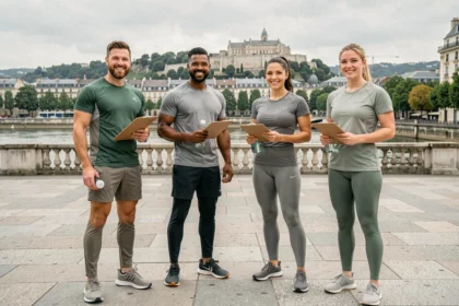 Groupe de coachs sportifs professionnels posant en extérieur à Lyon avec la colline de Fourvière en arrière-plan