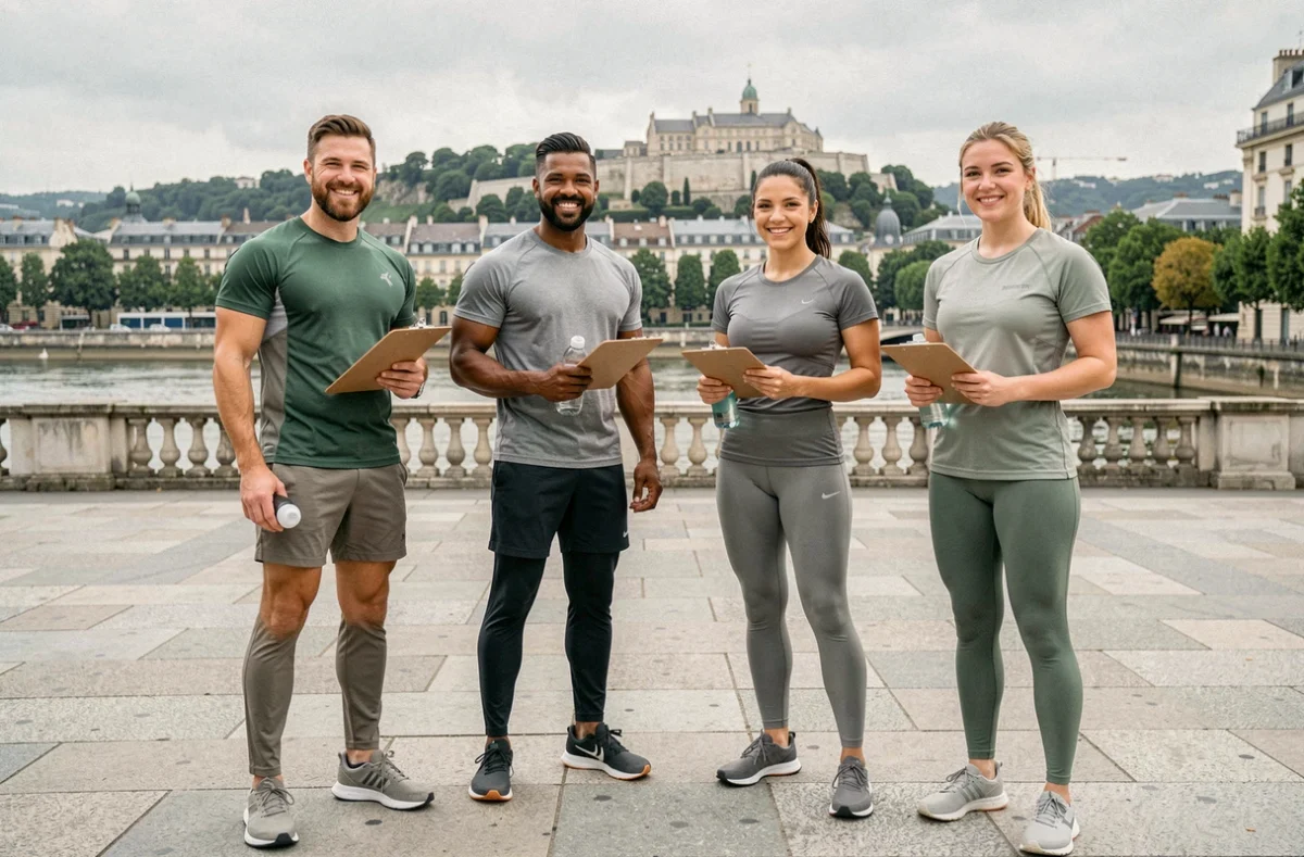 Groupe de coachs sportifs professionnels posant en extérieur à Lyon avec la colline de Fourvière en arrière-plan