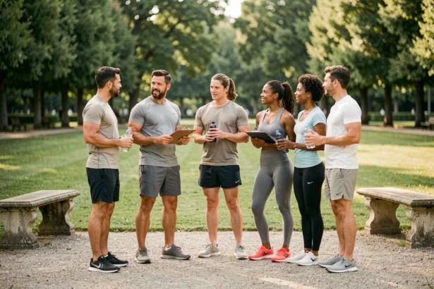 Groupe de coachs sportifs réunis dans un parc de la Sarthe, illustrant le top 10 des meilleurs coachs sportifs de la région