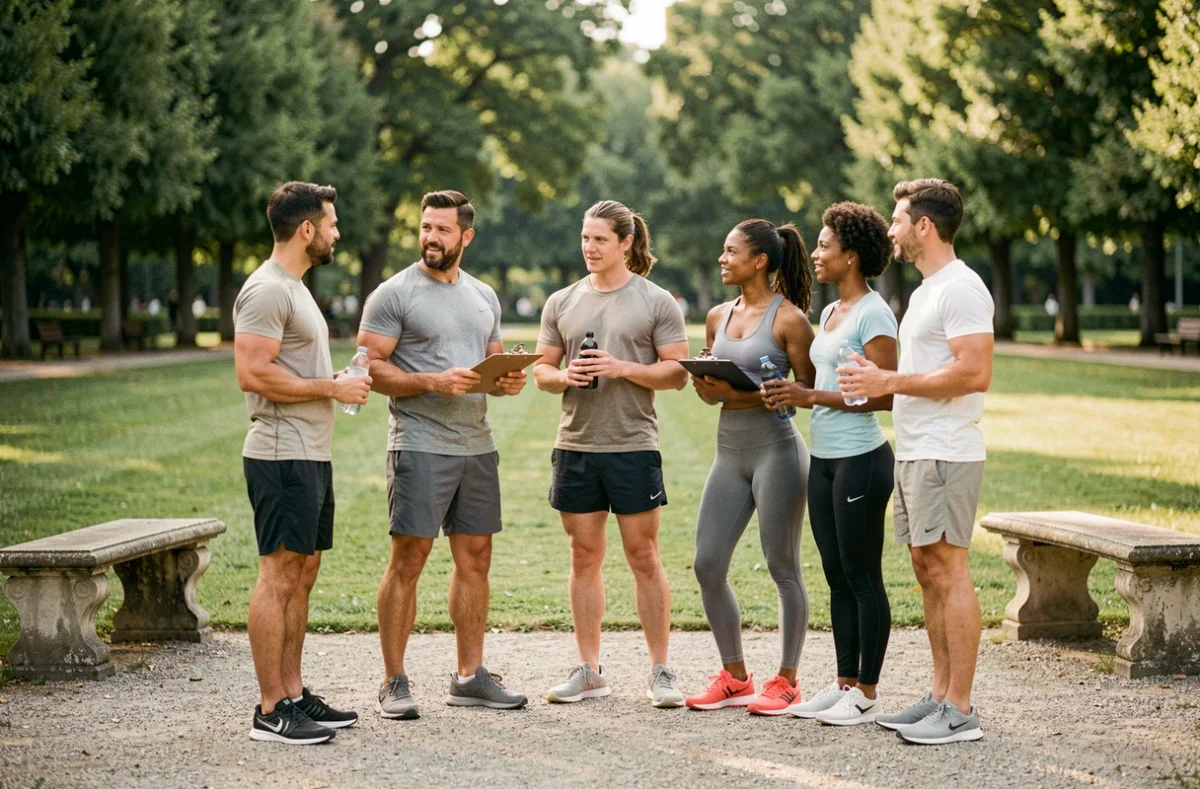 Groupe de coachs sportifs réunis dans un parc de la Sarthe, illustrant le top 10 des meilleurs coachs sportifs de la région