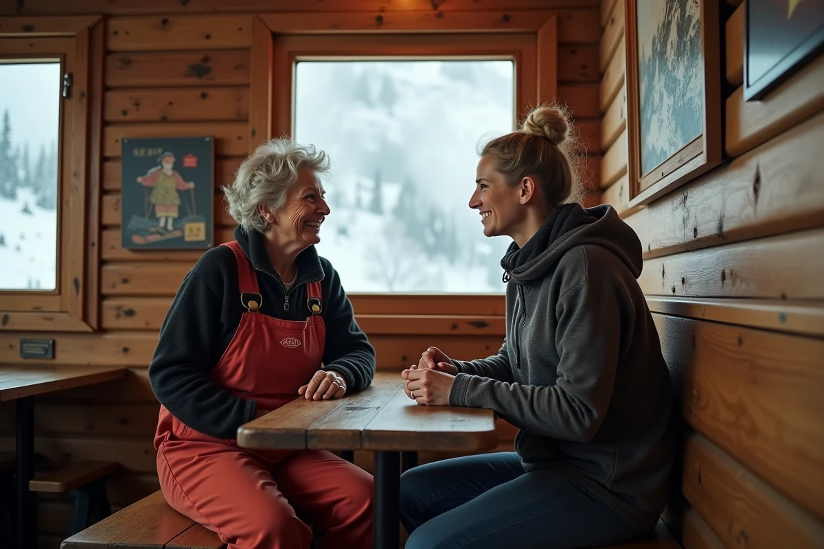 Deux femmes en discussion dans un refuge de montagne, transmission sportive entre générations autour du ski