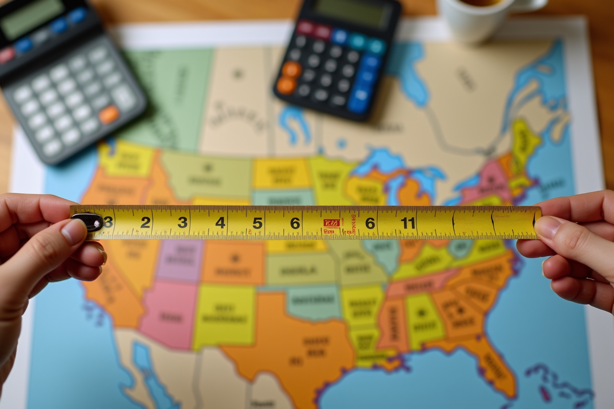 Deux mains tenant des rubans a mesurer avec carte des USA