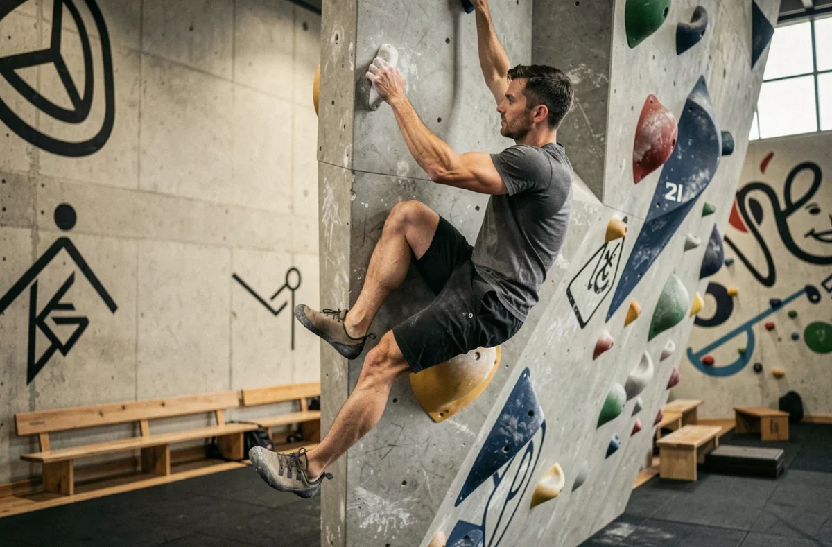 Grimpeur en plein effort sur un dévers à la salle Modjo Escalade de Rennes