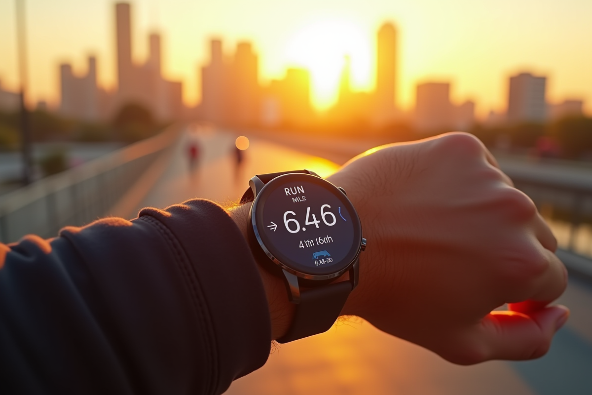 Montre connectée affichant la distance de course au lever du soleil