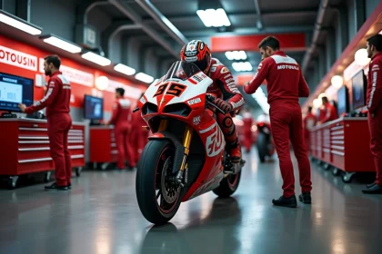 Moto MotoGP rouge et blanche dans un garage de pit lane avec mécaniciens pendant la saison 2026
