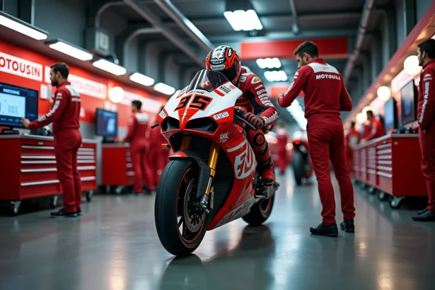 Moto MotoGP rouge et blanche dans un garage de pit lane avec mécaniciens pendant la saison 2026