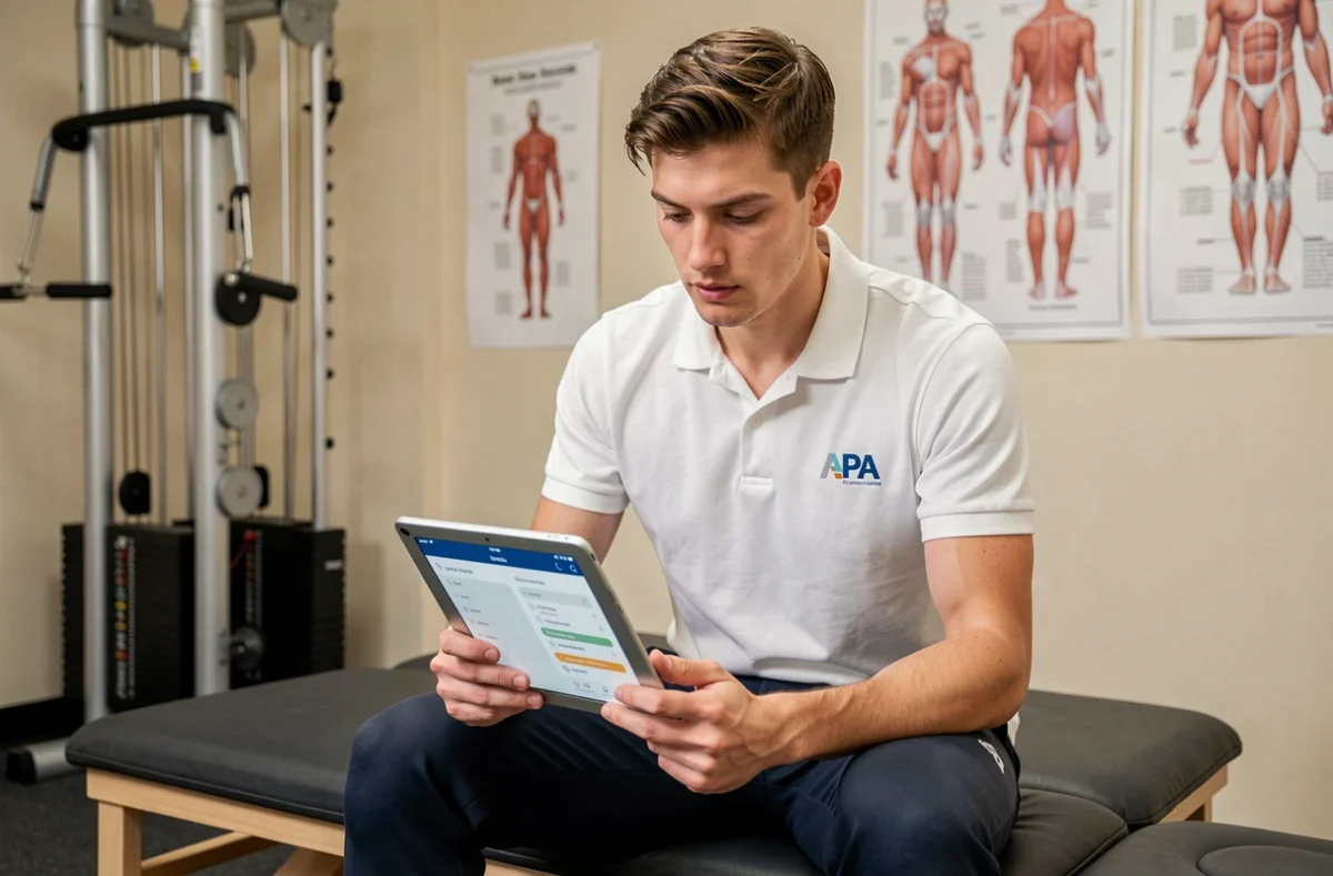 Nathan, enseignant APA et coach sportif, consultant un programme d'exercices sur tablette dans un studio de fitness médical