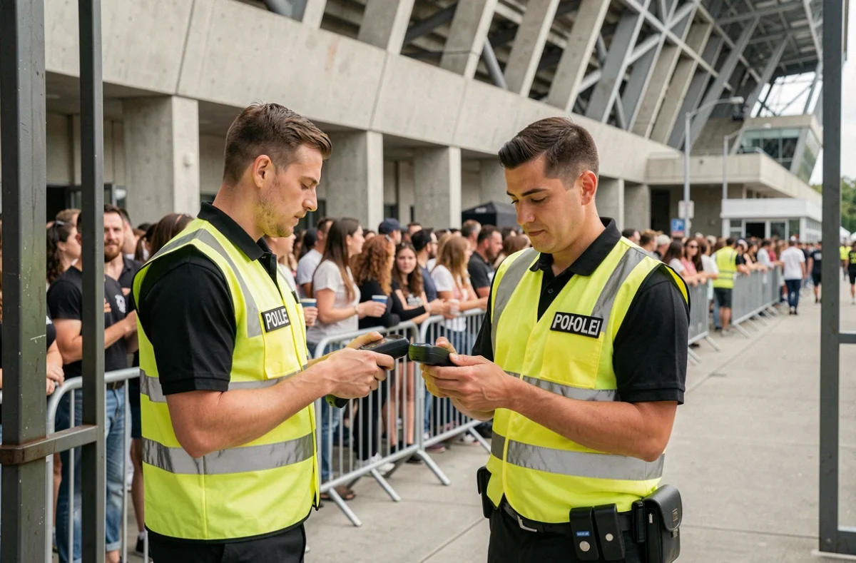 Agents de sécurité contrôlant l'accès à l'entrée d'un grand stade de concert en France