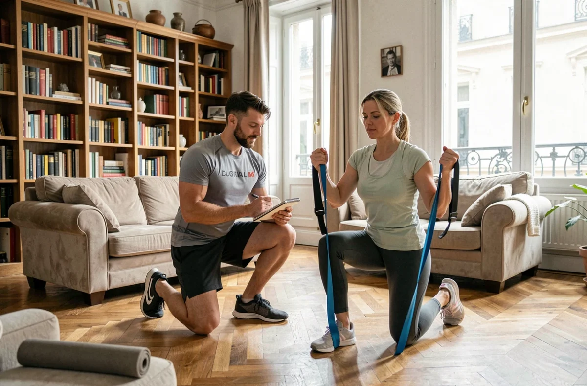 Coach Ownsport réalisant une séance de coaching sportif à domicile avec une cliente dans son salon à Lyon