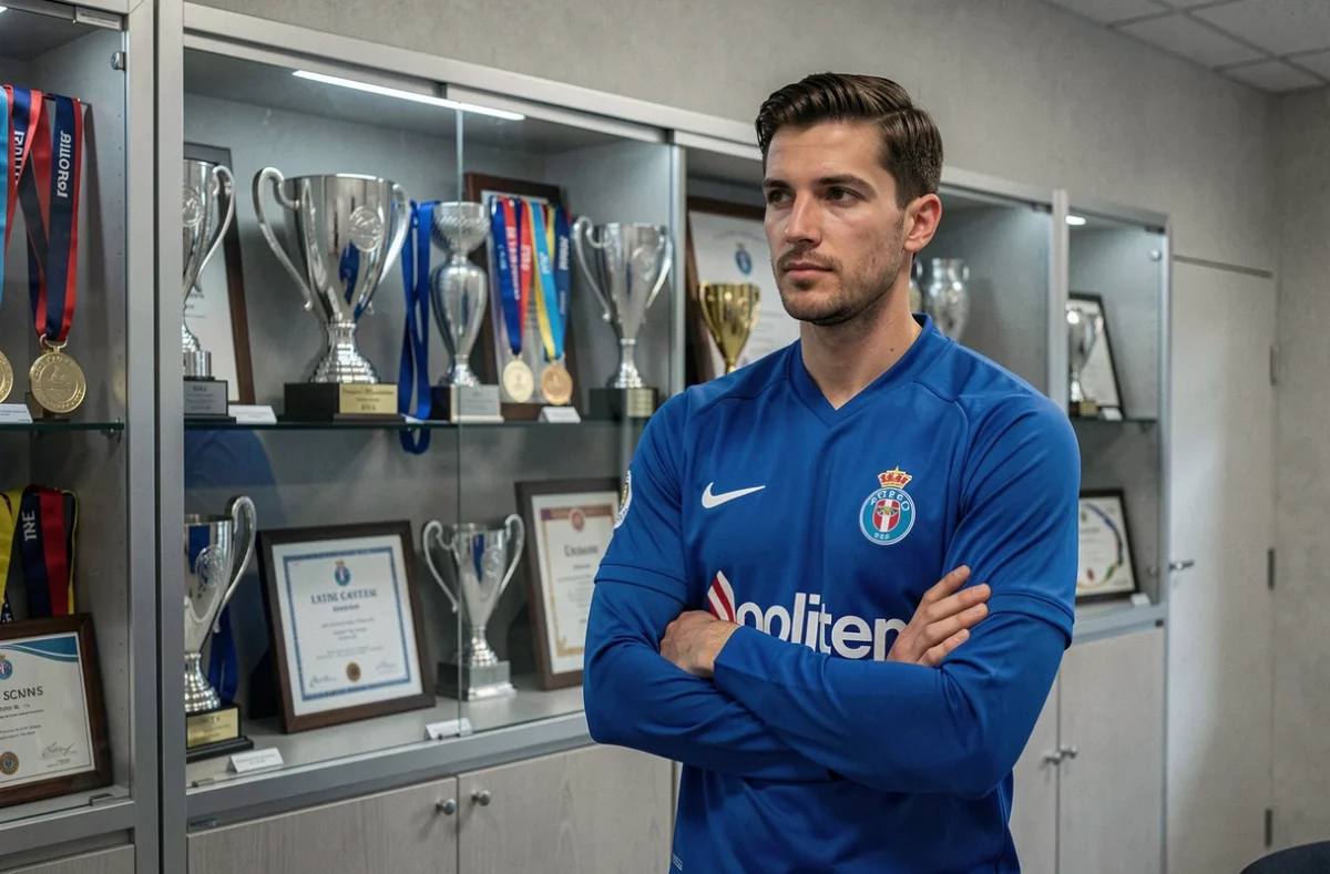 Footballeur du FC Porto posant devant une vitrine de trophées et médailles au centre d'entraînement du club