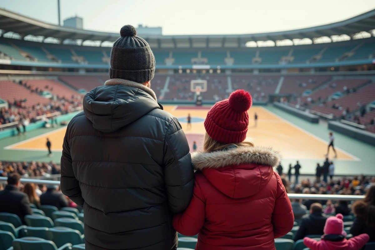 Père et fille regardant un match de basketball en extérieur