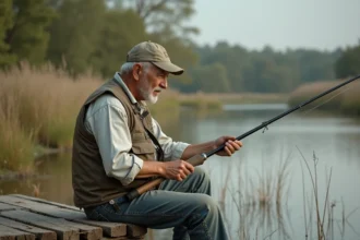 Homme d'âge moyen préparant sa canne à pêche au coup en nature