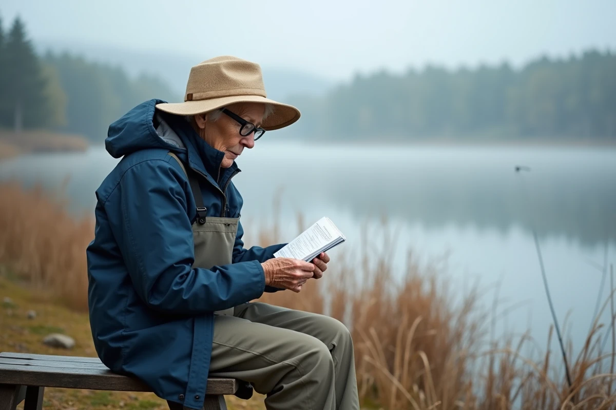 Femme senior examinant son permis de pêche au bord d'un lac, tarif carte de pêche senior 2026