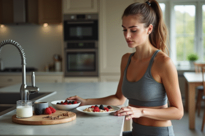 Jeune athlète femme mangeant un petit déjeuner sain