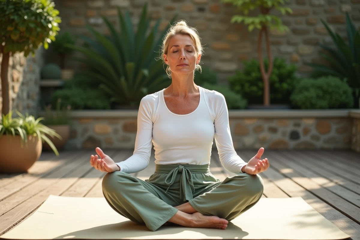 Femme en pause de respiration Pilates en plein air sur une terrasse boisée, méthode douce pour mincir du ventre