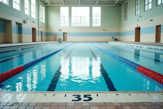 Vue intérieure de la piscine Jules Verne de Nantes avec couloirs délimités par des lignes d'eau colorées