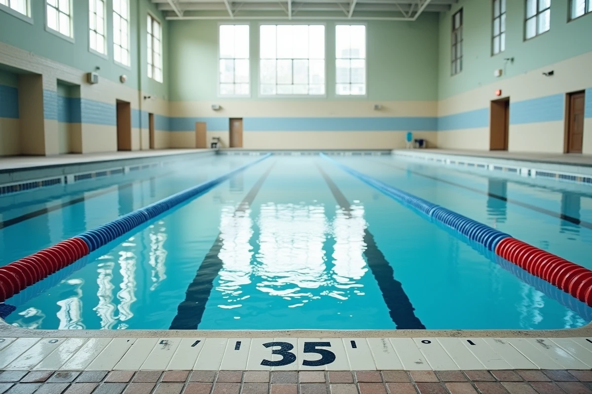 Vue intérieure de la piscine Jules Verne de Nantes avec couloirs délimités par des lignes d'eau colorées