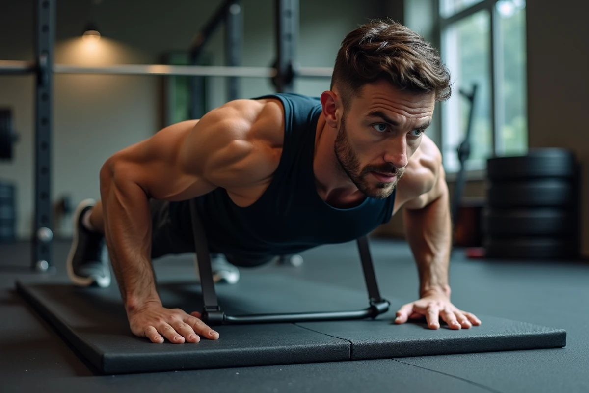 Homme en position basse de pompe lestée avec un élastique de résistance dans une salle de sport à domicile, montrant une erreur d'écartement des coudes