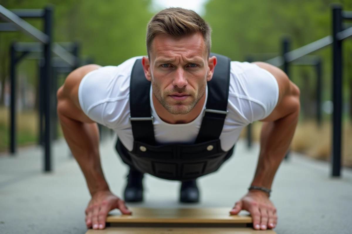 Homme portant un gilet lesté effectuant des pompes sur une plateforme en bois dans un parc de calisthenics extérieur
