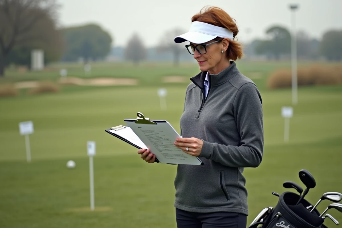 Golfeuse consultant un programme de wedging structuré sur un practice, avec des bâtons d'alignement au sol