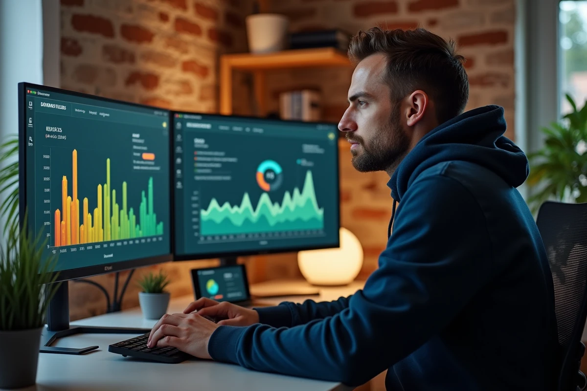 Homme analysant un tableau de bord de classement avec des graphiques de points P100 sur deux écrans dans un bureau moderne