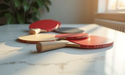 Sélection de raquettes de tennis de table haut de gamme sur une table en marbre