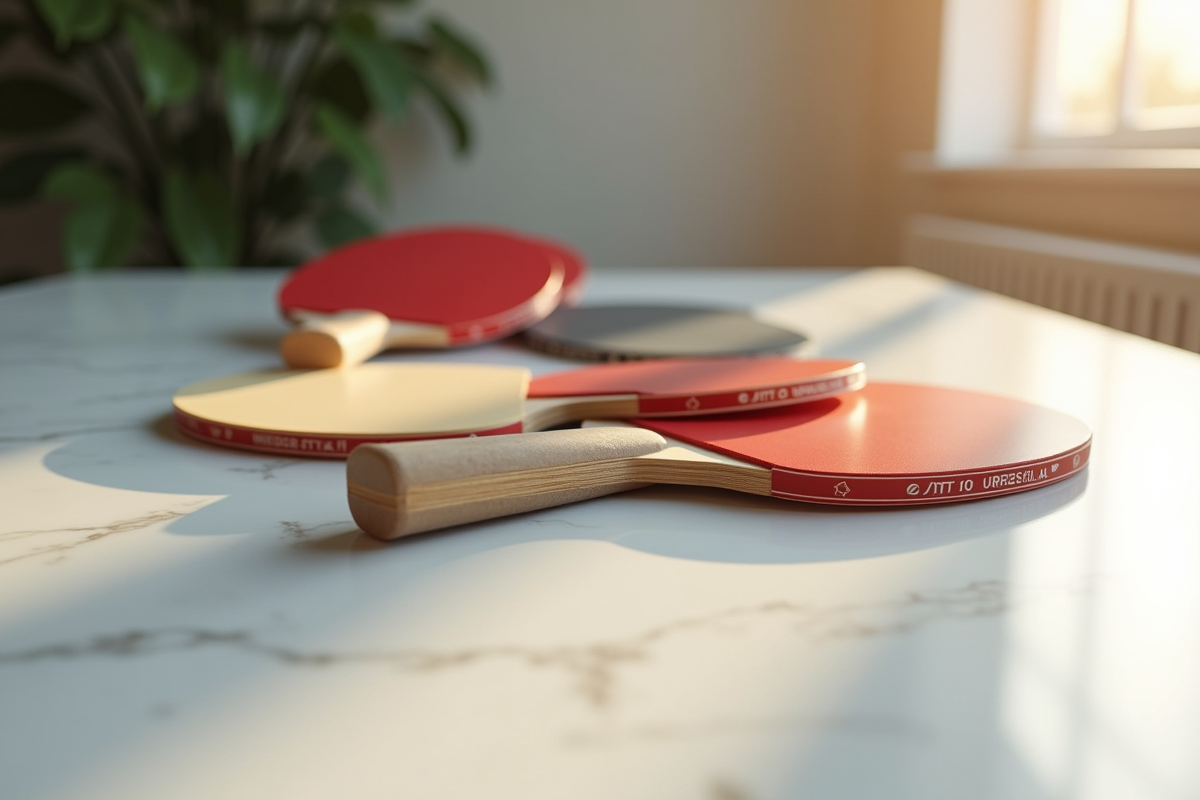 Sélection de raquettes de tennis de table haut de gamme sur une table en marbre