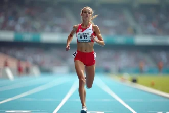 Sprinteuse franchissant la ligne d'arrivée sur une piste d'athlétisme lors d'un record mondial du 100 mètres féminin