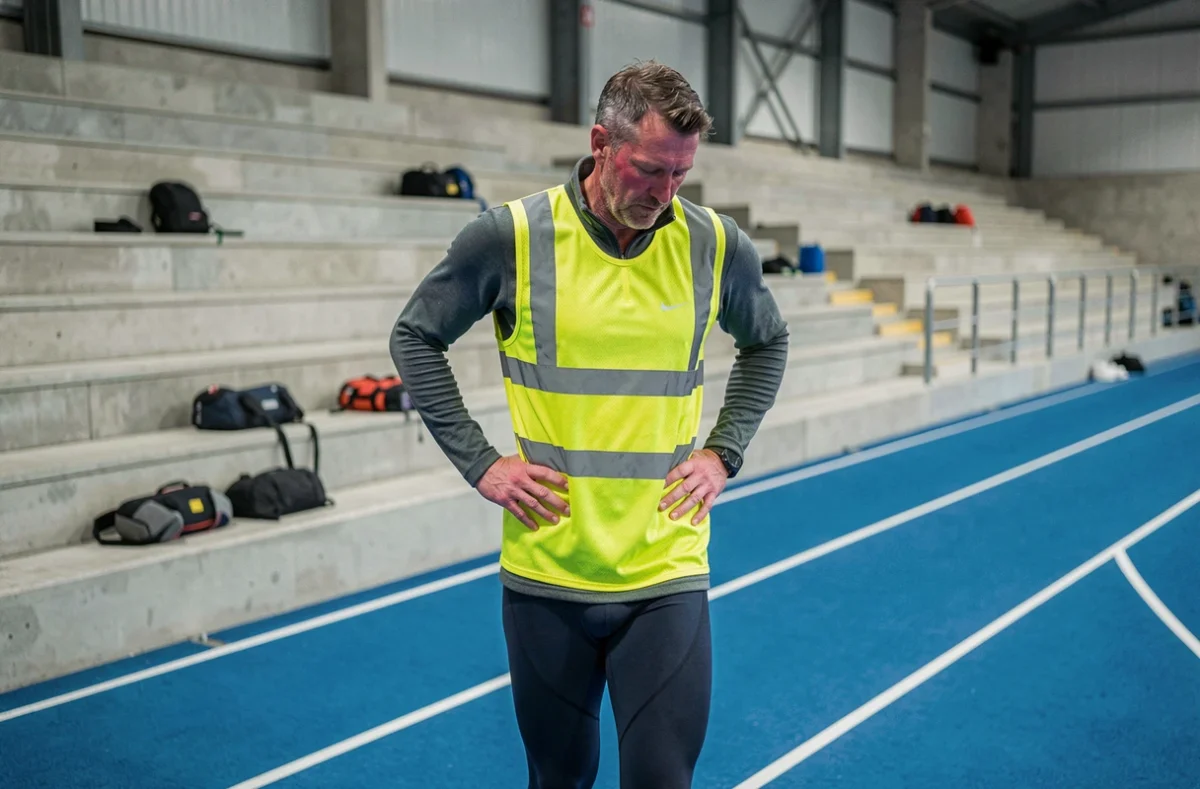 Coureur récupérant après une séance d'intervalles sur piste d'athlétisme couverte dans le cadre d'une préparation marathon