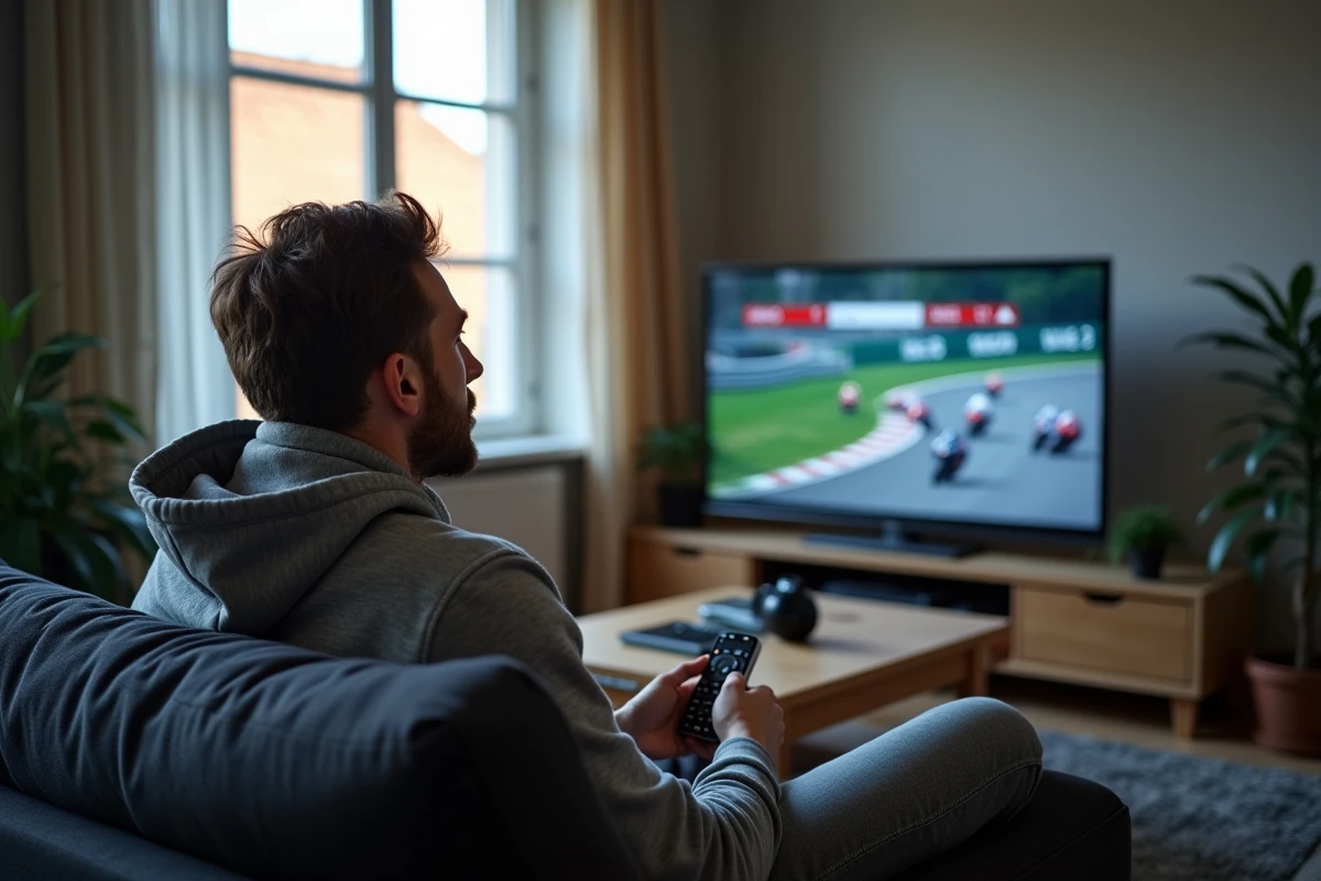 Personne regardant le calendrier MotoGP 2026 à la télévision depuis son salon en France
