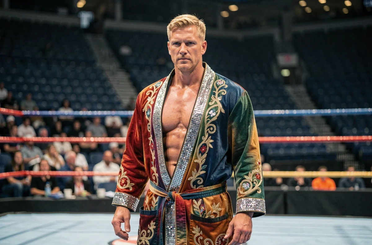 Athlète de catch en robe brodée à l'entrée d'un ring vide symbolisant la fin d'une ère professionnelle