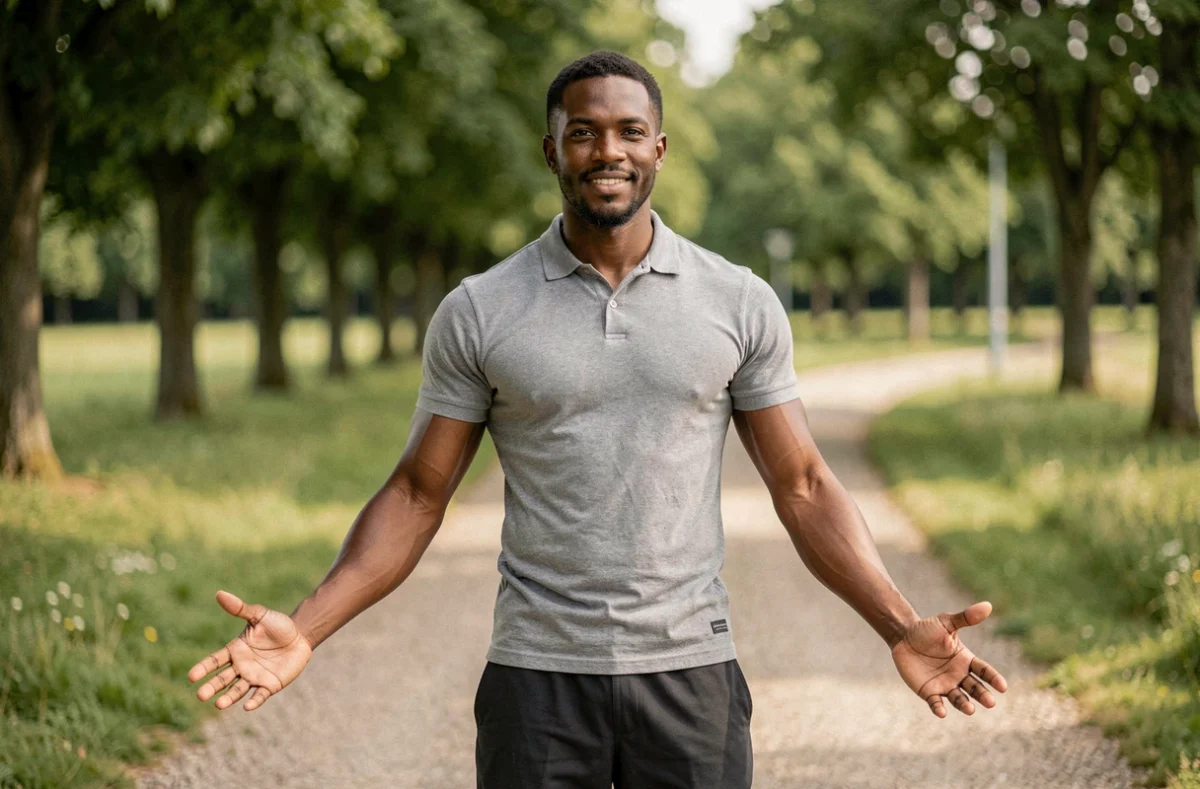 Saddek, coach sportif dans la Sarthe, posant dans un parc avec un sourire professionnel et confiant
