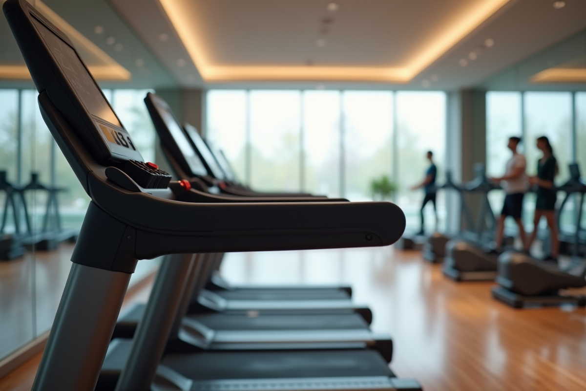 Salle de fitness vide avec plusieurs tapis de course et sol en bois poli
