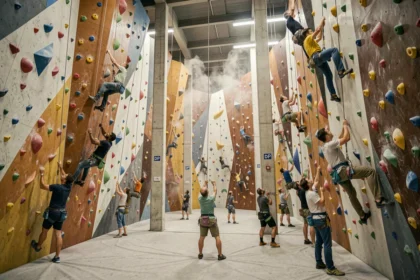 Vue d'ensemble d'une salle d'escalade bretonne avec grimpeurs sur blocs et voies colorés