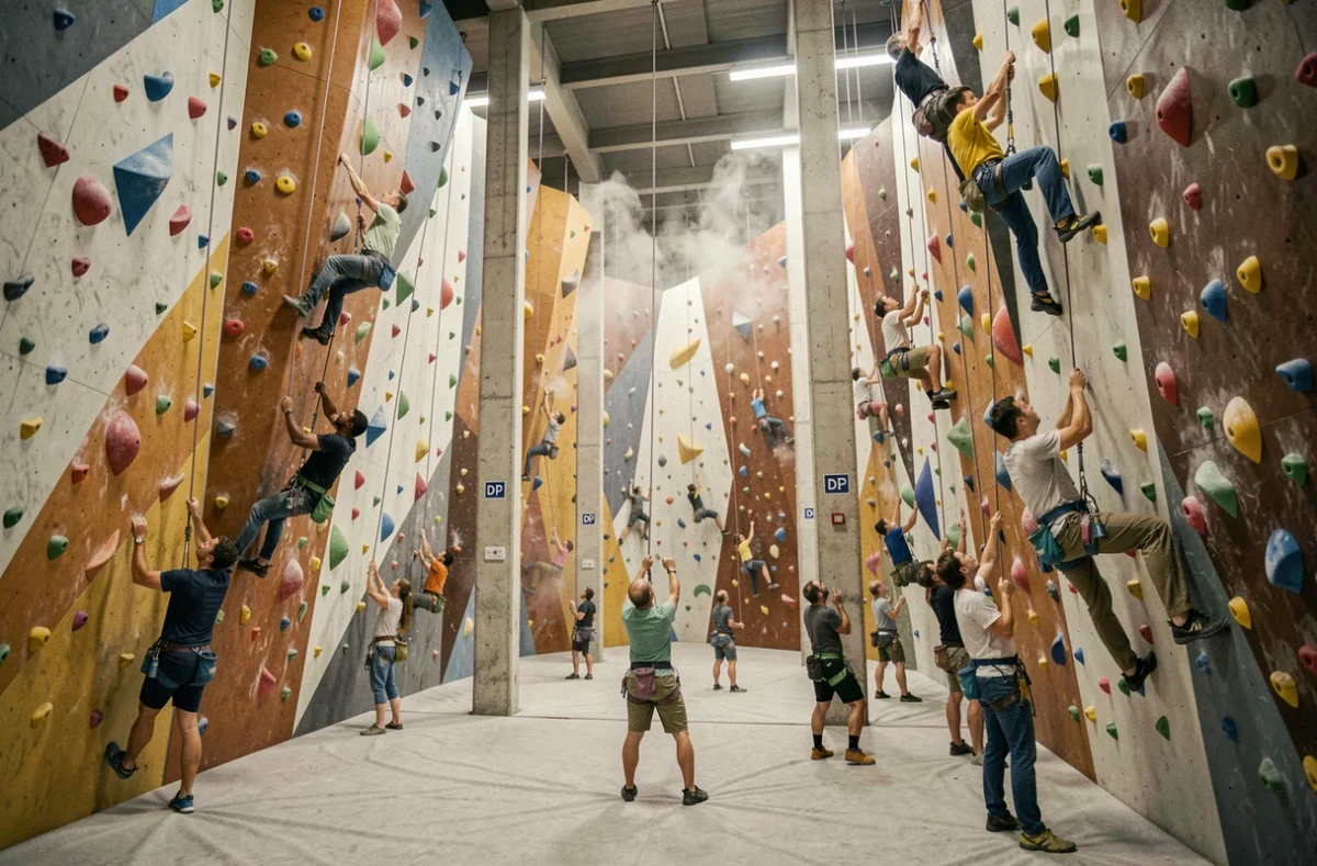 Vue d'ensemble d'une salle d'escalade bretonne avec grimpeurs sur blocs et voies colorés