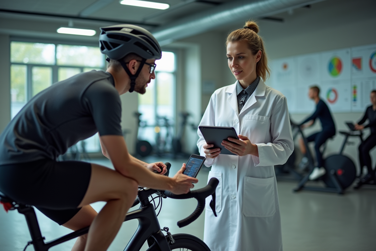 Scientifique sportive discutant avec cycliste en laboratoire