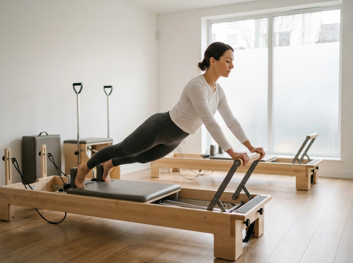 Femme pratiquant le pilates sur reformer dans un studio épuré au quartier Monceau à Paris