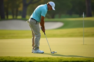 Golfeur pratiquant un wedge chip shot sur un practice de golf, en tenue bleue, avec une expression concentrée