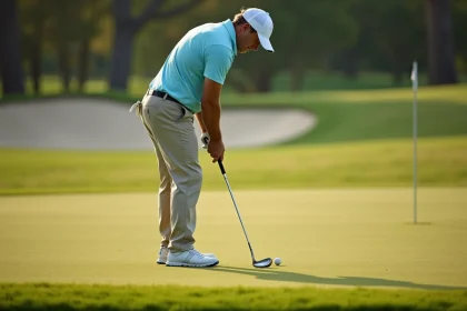 Golfeur pratiquant un wedge chip shot sur un practice de golf, en tenue bleue, avec une expression concentrée