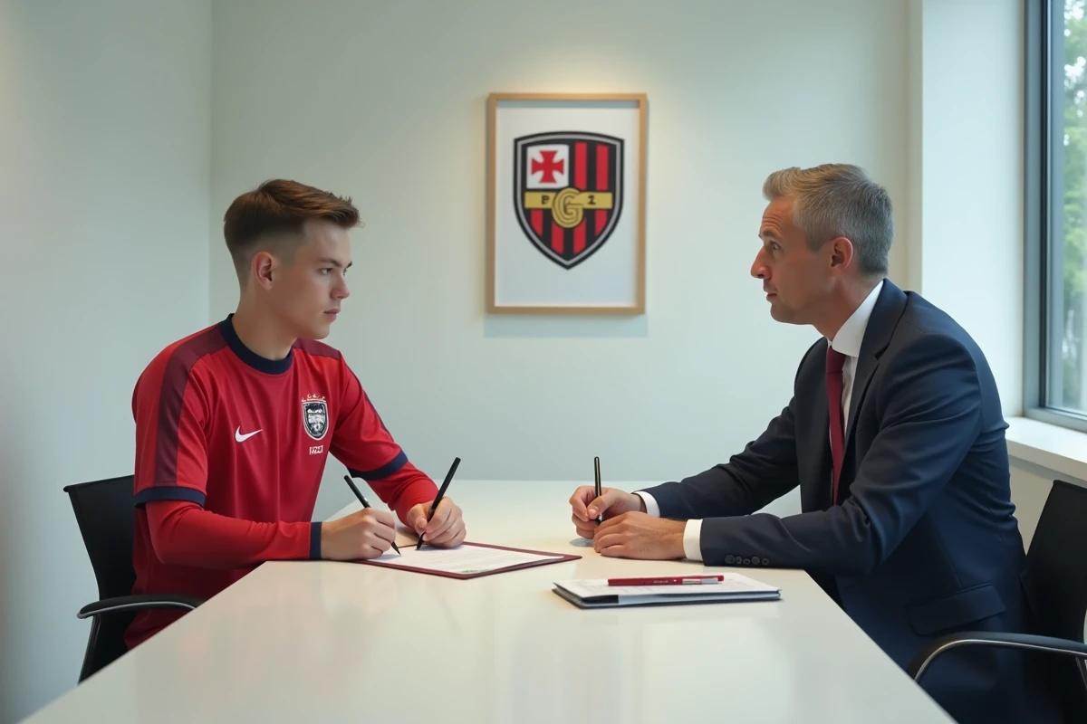 Joueur de Ligue 1 signant son contrat lors d'un transfert illustrant l'explosion des budgets en 2026