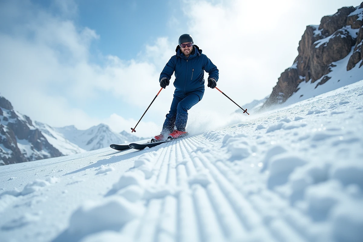 Skieur adulte en train de carver sur les pistes printanières des Deux Alpes avec le glacier en arrière-plan