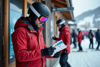 Skieur consultant un forfait aux Deux Alpes au printemps, debout devant la caisse d'un télésiège en tenue de ski rouge