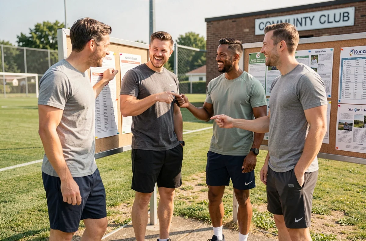 Groupe d'adultes en tenue de sport devant le tableau d'affichage d'un club sportif communautaire, illustrant le choix entre sport en club et loisir