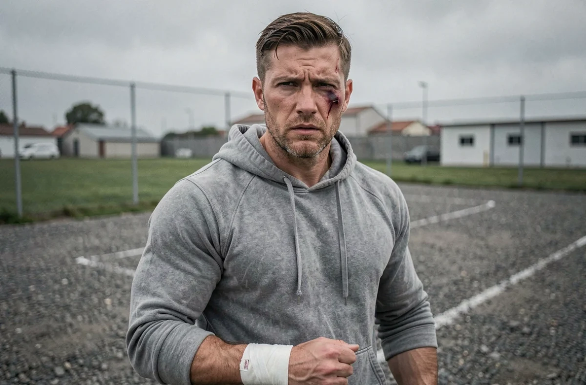 Sportif de combat en extérieur montrant ses cicatrices et son regard déterminé malgré les blessures accumulées