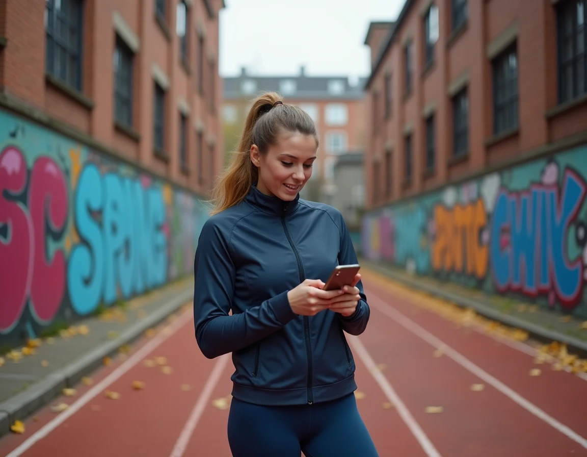 Sportive lisant un blog sport sur smartphone lors d'une session d'entraînement sur une piste urbaine en automne