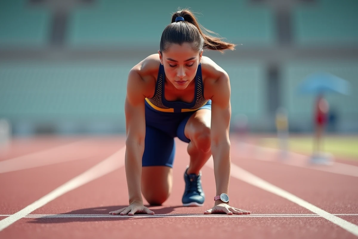 Sprinteuse en position de départ dans les starting-blocks avant une course du 100 mètres féminin de niveau mondial